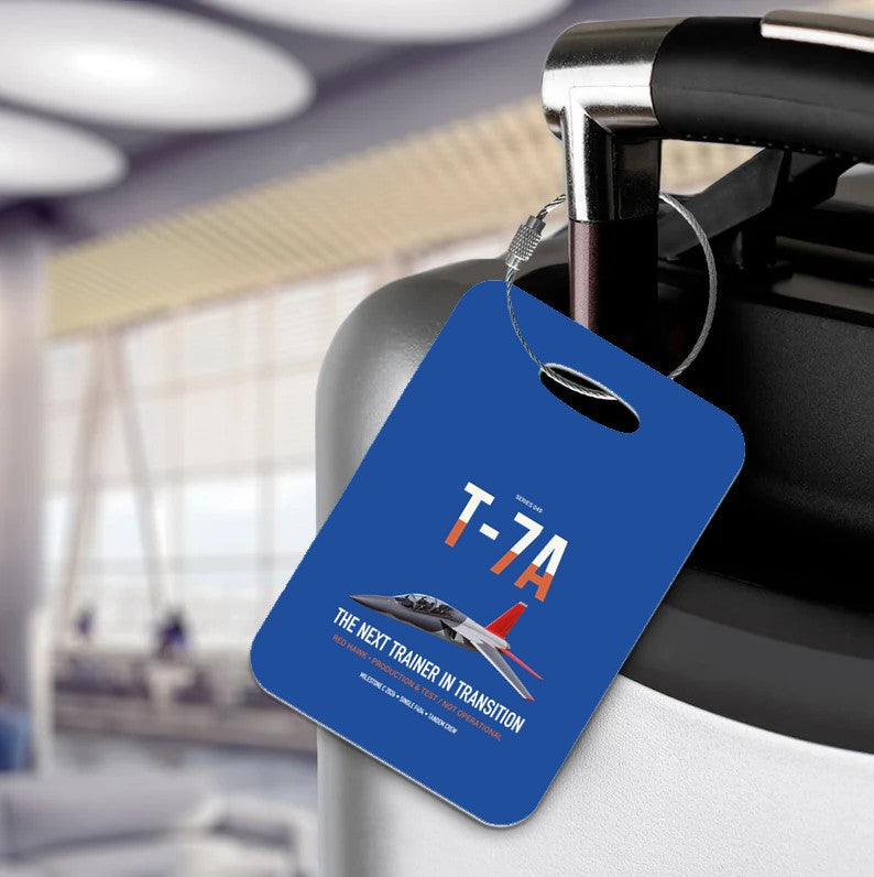T-7A Red Hawk design on blue acrylic luggage tags, double-side print