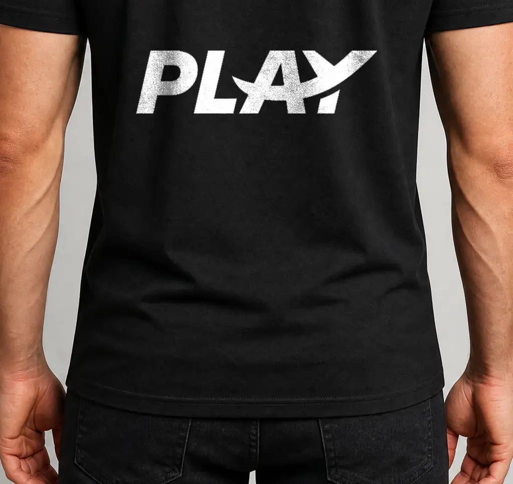 Play Airlines design on black t-shirt — cover