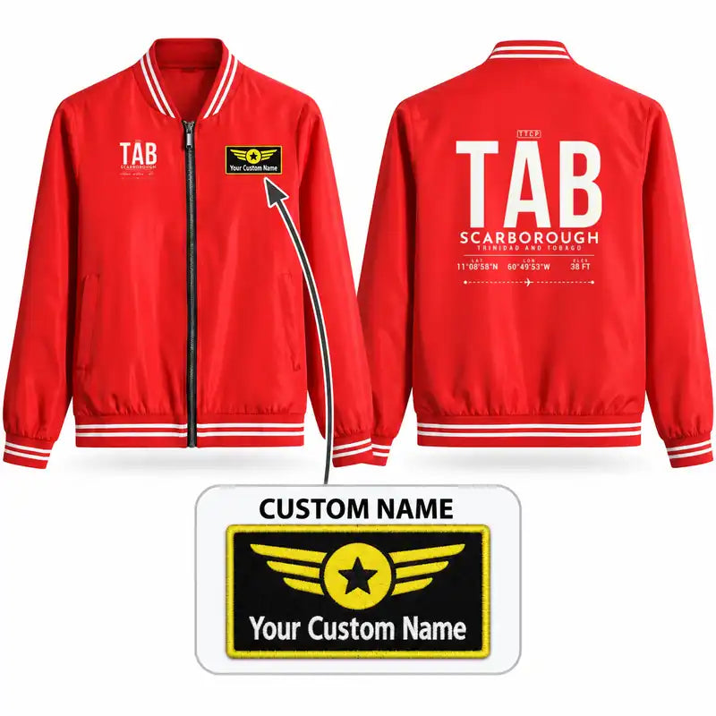 Tobago A.N.R. Robinson International Airport (TAB) Stylish Jackets - Baseball Collar - Tag + Name - Red