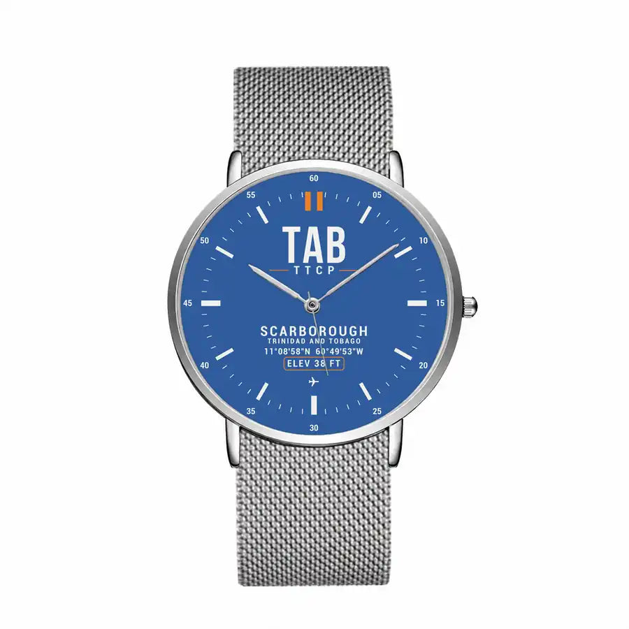 Tobago A.N.R. Robinson International Airport (TAB) Aviator Watches - Classic - Blue - Slim Mesh - Silver & Silver Stainless Steel Strap