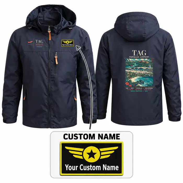 Bohol-Panglao International Airport (TAG) Stylish Jackets - Hooded Windbreaker - Poster + Name - Navy Blue
