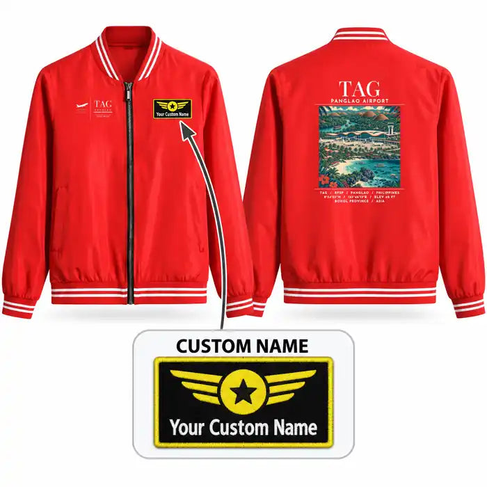 Bohol-Panglao International Airport (TAG) Stylish Jackets - Baseball Collar - Poster + Name - Red
