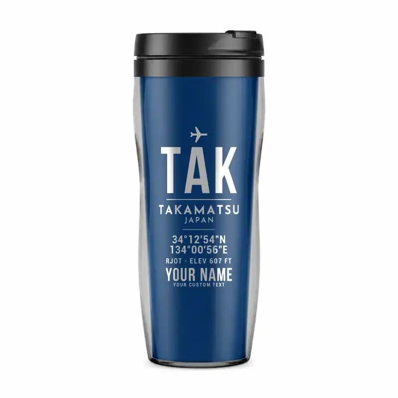 Takamatsu Airport (TAK) Travel Mugs - ID Tag + Name - Plastic (No Holder) - Blue