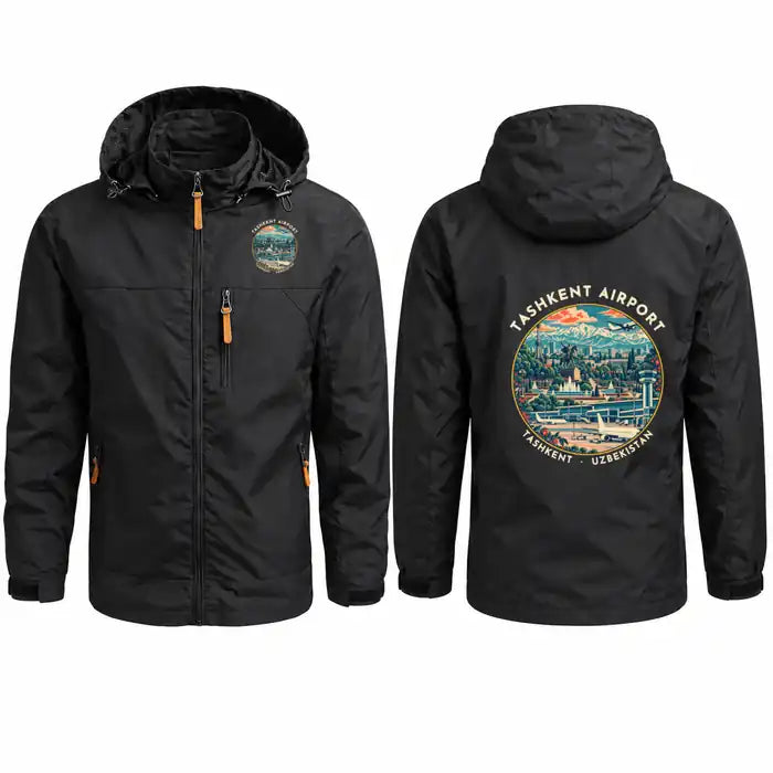 Islam Karimov Tashkent International Airport (TAS) Stylish Jackets - Hooded Windbreaker - Badge - Black