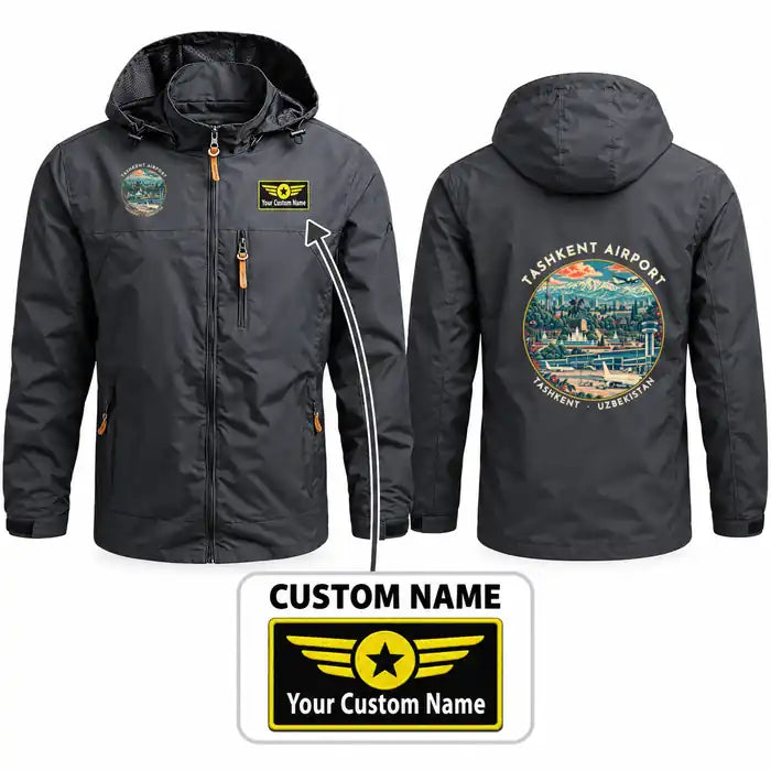 Islam Karimov Tashkent International Airport (TAS) Stylish Jackets - Hooded Windbreaker - Badge + Name - Charcoal