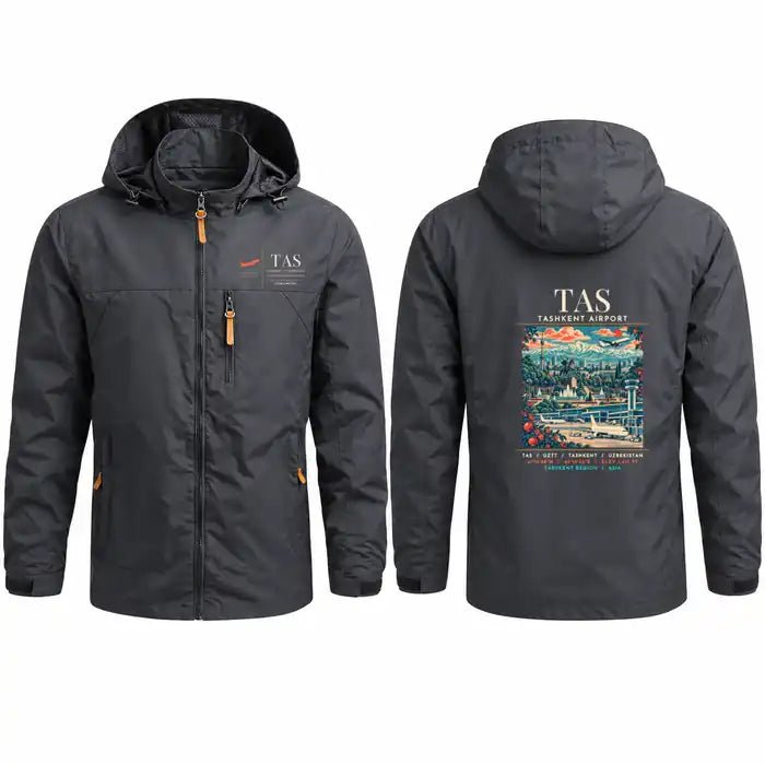 Islam Karimov Tashkent International Airport (TAS) Stylish Jackets - Hooded Windbreaker - Poster - Charcoal