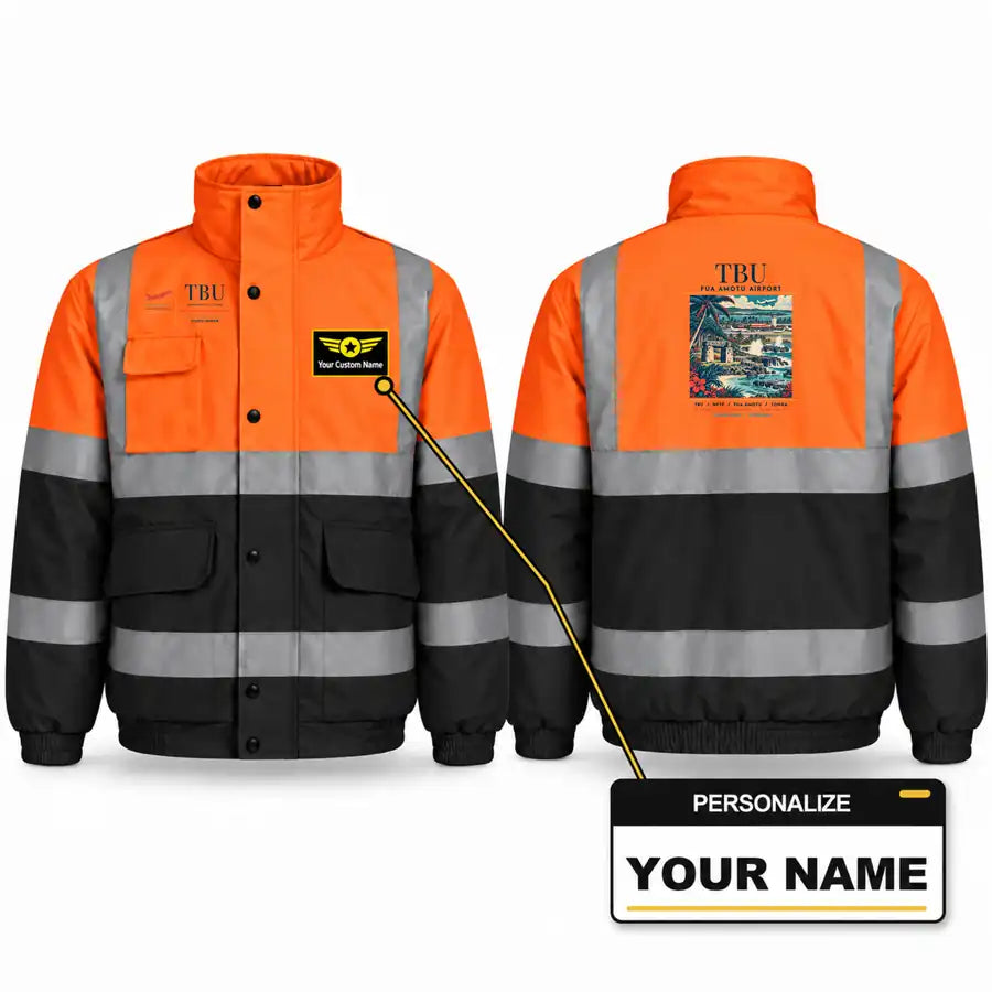 Fuaʻamotu International Airport (TBU) Reflective Winter Jackets - Poster + Name - Orange & Navy