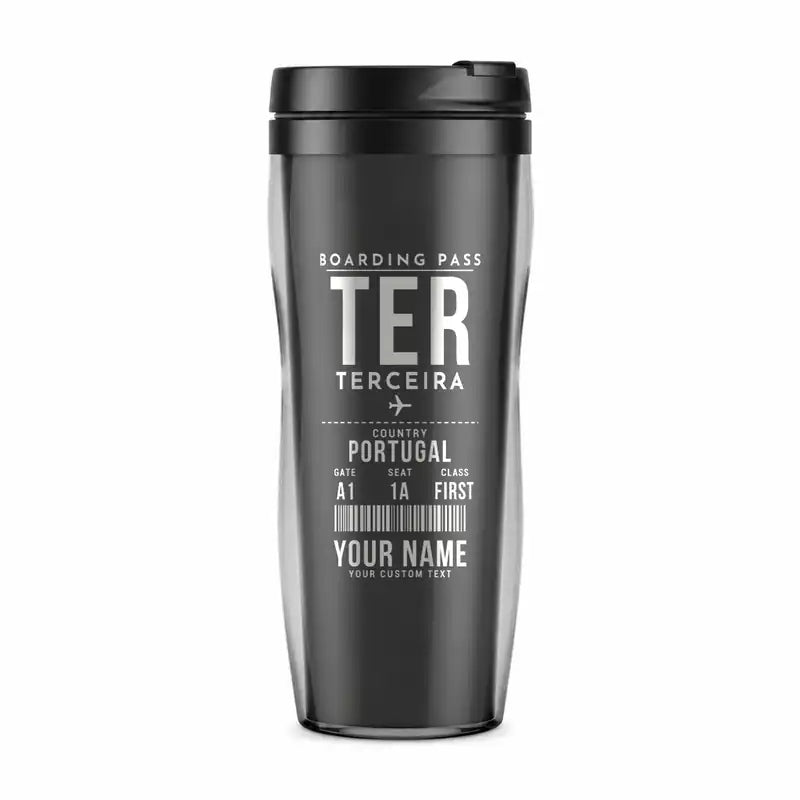 Terceira Lajes Airport (TER) Travel Mugs - Boarding Pass + Name - Plastic (No Holder) - Gray