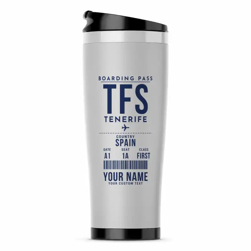 Tenerife South Airport (TFS) Travel Mugs - Boarding Pass + Name - Stainless Steel (No Holder) - Light Gray
