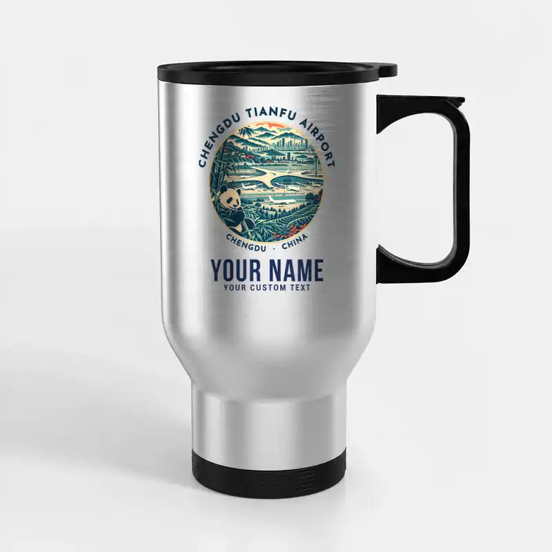 Chengdu Tianfu International Airport (TFU) Travel Mugs - Badge + Name - Stainless Steel with Holder - Silver