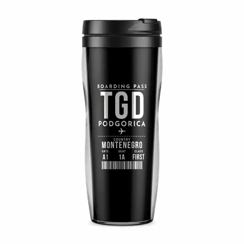 Podgorica Airport (TGD) Travel Mugs - Boarding Pass - Plastic (No Holder) - Black