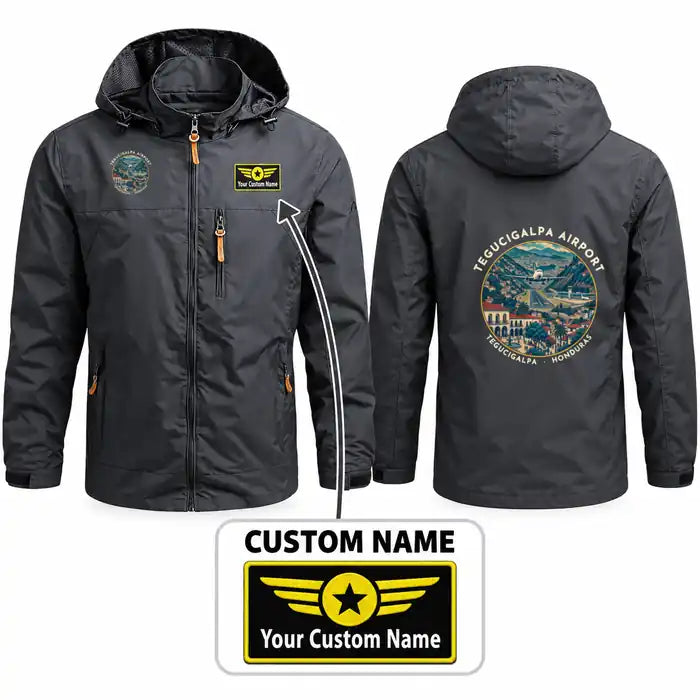 Toncontín International Airport (TGU) Stylish Jackets - Hooded Windbreaker - Badge + Name - Charcoal