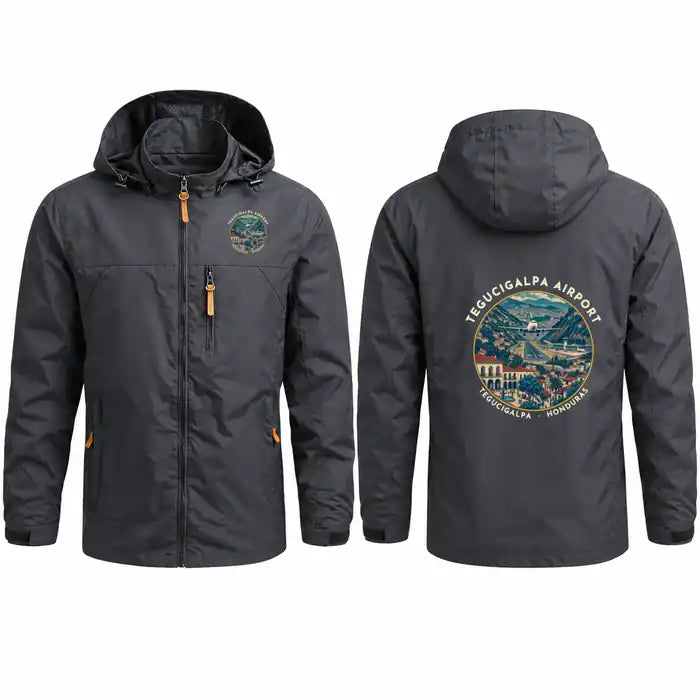 Toncontín International Airport (TGU) Stylish Jackets - Hooded Windbreaker - Badge - Charcoal