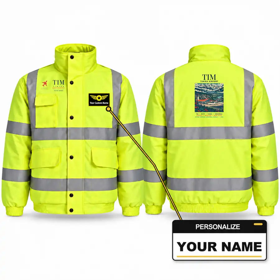 Mozes Kilangin Airport (TIM) Reflective Winter Jackets - Poster + Name - Fluorescent Yellow