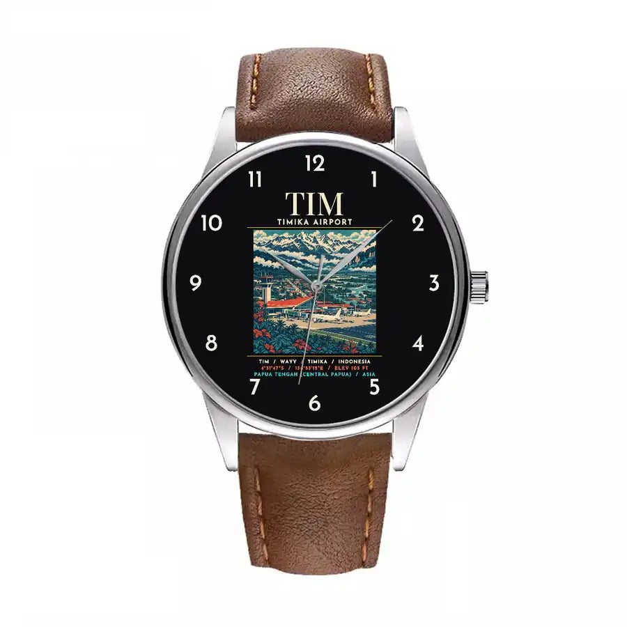 Mozes Kilangin Airport (TIM) Aviator Watches - Poster - Leather Strap - Brown Leather Strap