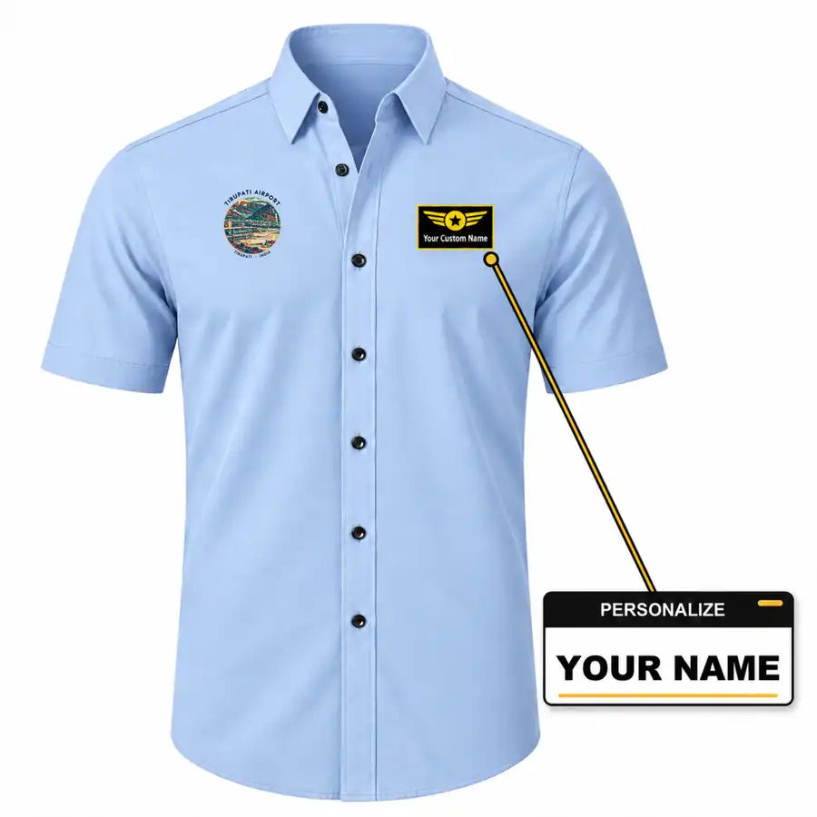 Tirupati Airport (TIR) Shirts - Short Sleeve Shirt - Badge - Light Blue + NAME