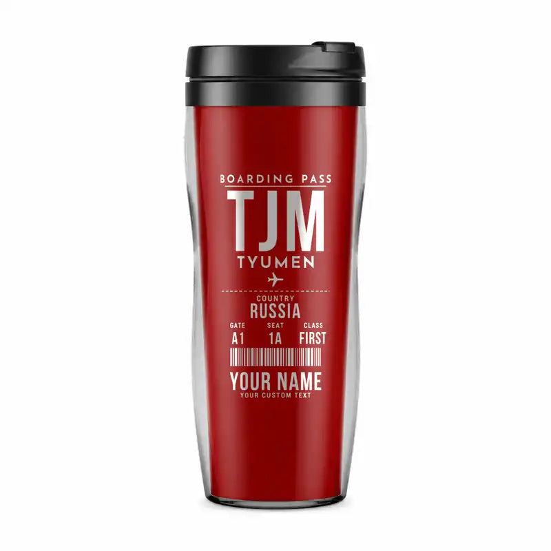 Tyumen Roshchino International Airport (TJM) Travel Mugs - Boarding Pass + Name - Plastic (No Holder) - Red