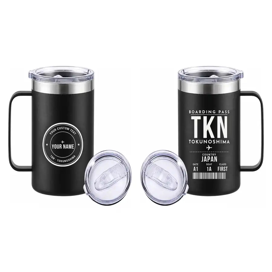 Tokunoshima Airport (TKN) Stainless Steel Mugs - Boarding Pass + Custom Back - Stainless Steel Mug - 24 oz / 700ML - Black