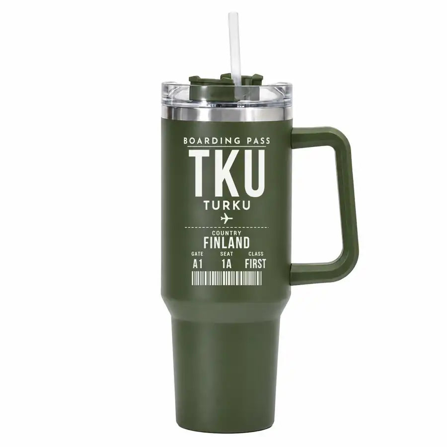 Turku Airport (TKU) Stainless Steel Mugs - Boarding Pass - 40oz Car Mug - Army Green