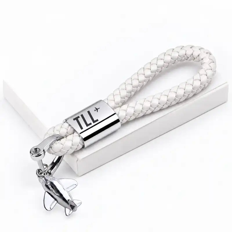 Lennart Meri Tallinn Airport (TLL) Leather Key Chains - Leather Key Chain - Braided Leather - Original Design - White