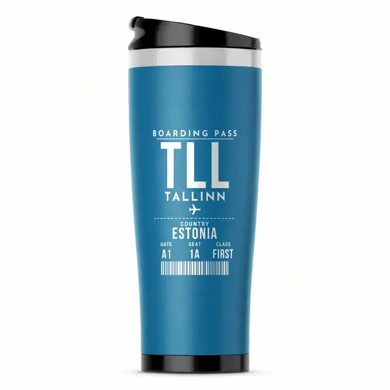 Lennart Meri Tallinn Airport (TLL) Travel Mugs - Boarding Pass - Stainless Steel (No Holder) - Light Blue