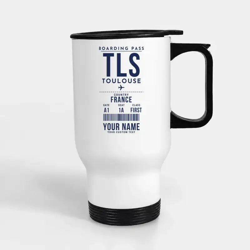 Toulouse-Blagnac Airport (TLS) Travel Mugs - Boarding Pass + Name - Stainless Steel with Holder - White
