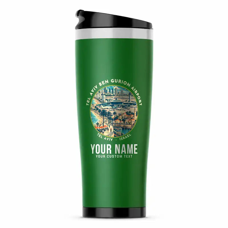 Tel Aviv Ben Gurion Airport (TLV) Travel Mugs - Badge + Name - Stainless Steel (No Holder) - Green