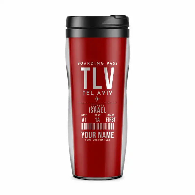 Tel Aviv Ben Gurion Airport (TLV) Travel Mugs - Boarding Pass + Name - Plastic (No Holder) - Red