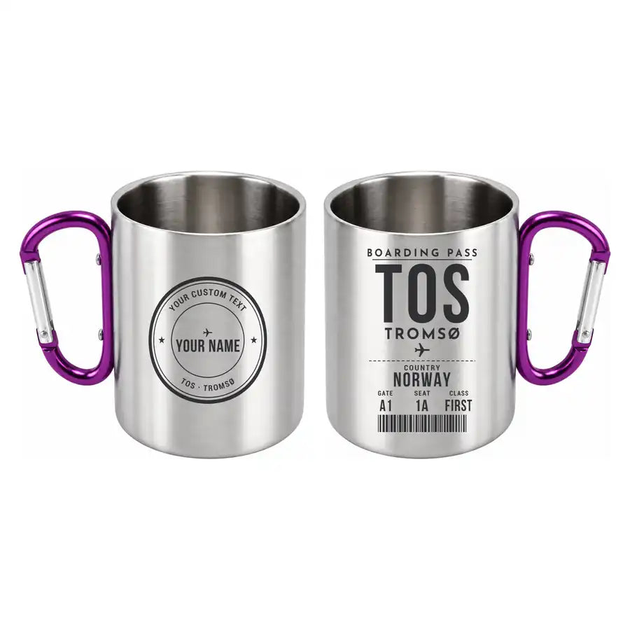 Tromsø Airport (TOS) Stainless Steel Mugs - Boarding Pass + Custom Back - Outdoors Mug - Purple