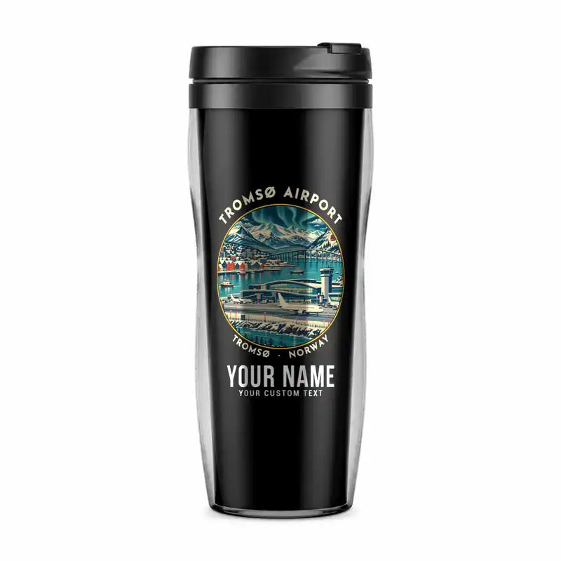 Tromsø Airport (TOS) Travel Mugs - Badge + Name - Plastic (No Holder) - Black