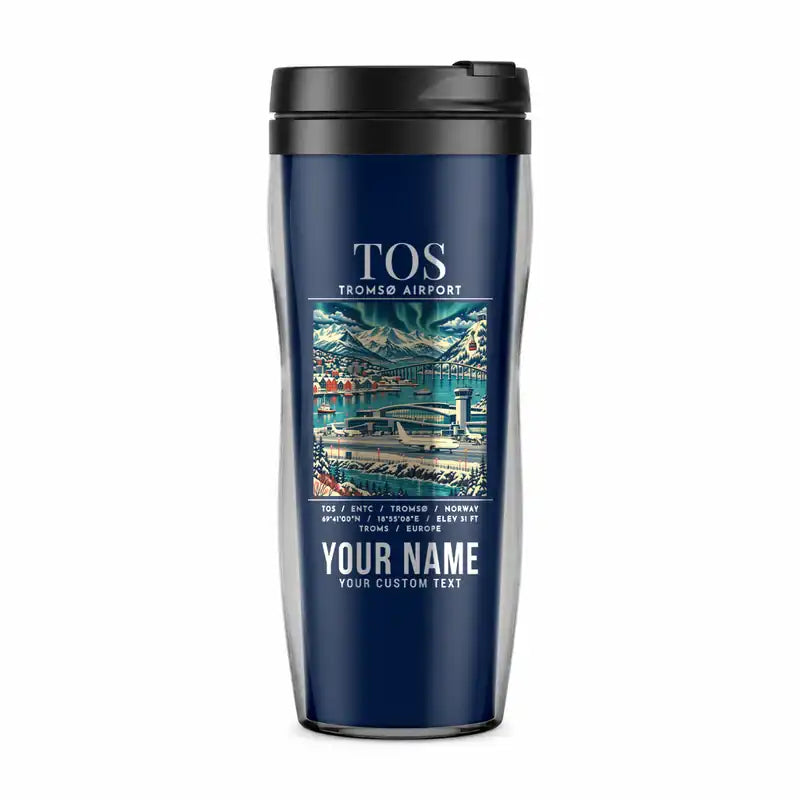 Tromsø Airport (TOS) Travel Mugs - Poster + Name - Plastic (No Holder) - Dark Blue