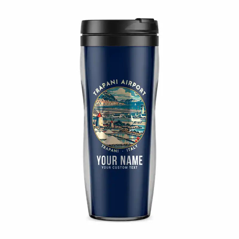 Vincenzo Florio Airport Trapani-Birgi (TPS) Travel Mugs - Badge + Name - Plastic (No Holder) - Dark Blue