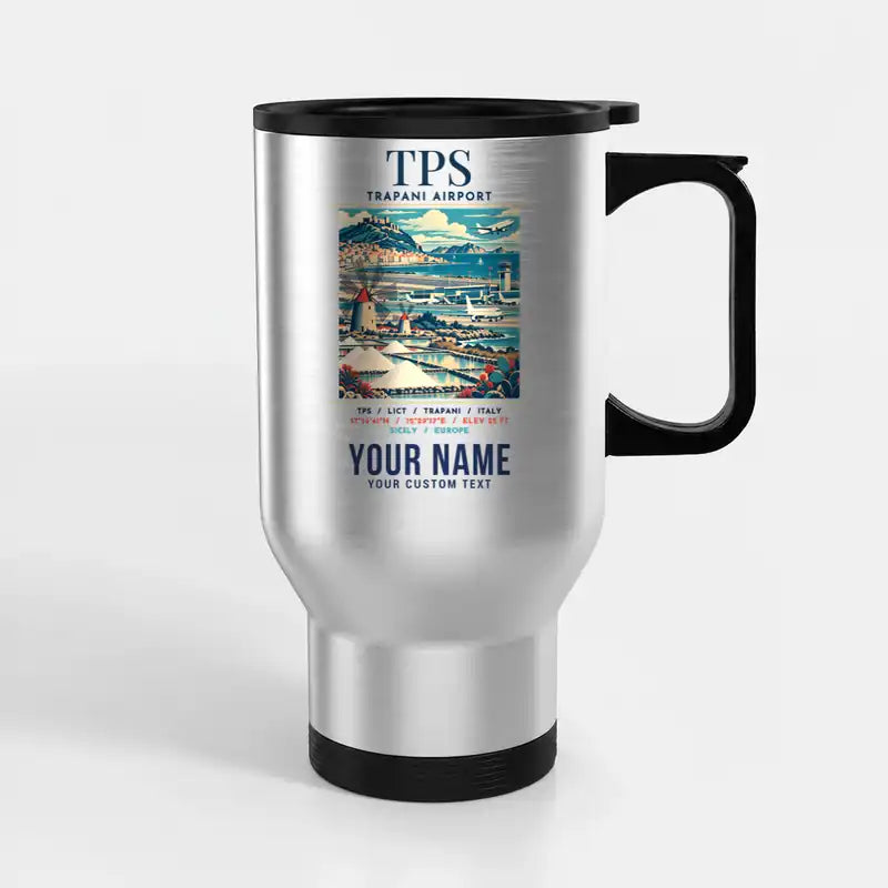 Vincenzo Florio Airport Trapani-Birgi (TPS) Travel Mugs - Poster + Name - Stainless Steel with Holder - Silver