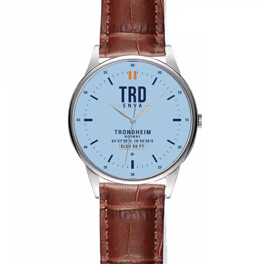 Trondheim Airport, Vrnes (TRD) Aviator Watches - Classic - Light Blue - Leather Strap - Striped Brown Leather Strap