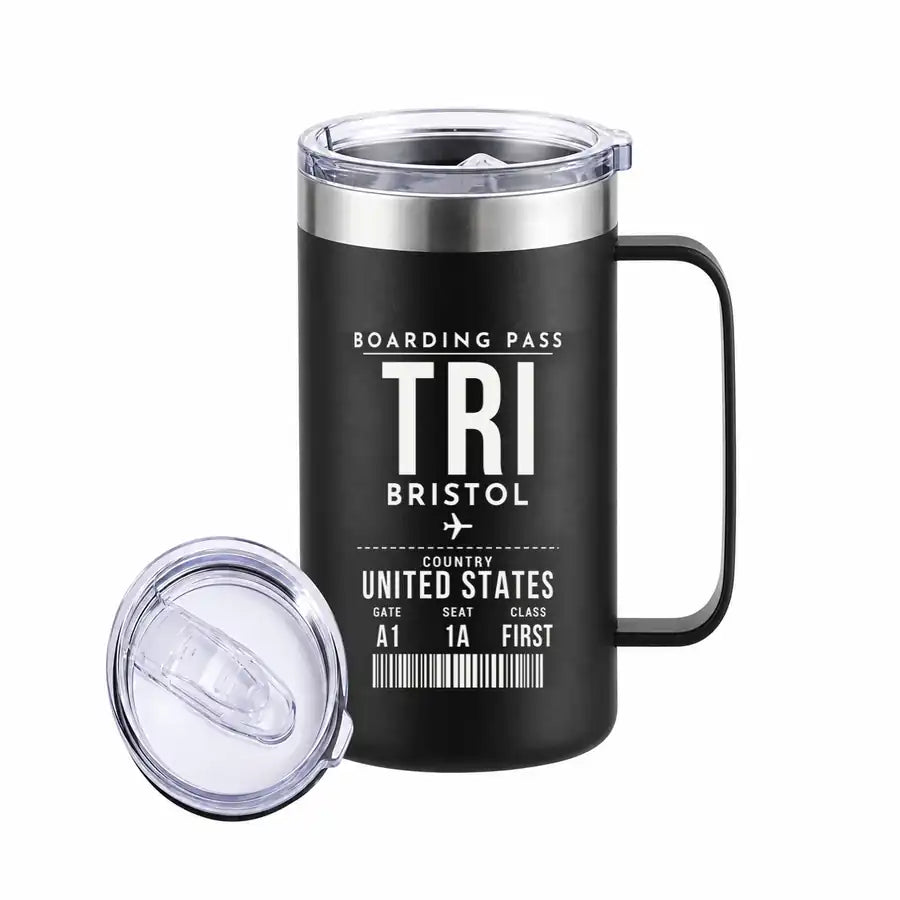 Tri-Cities Airport (TRI) Stainless Steel Mugs - Boarding Pass - Stainless Steel Mug - 24 oz / 700ML - Black