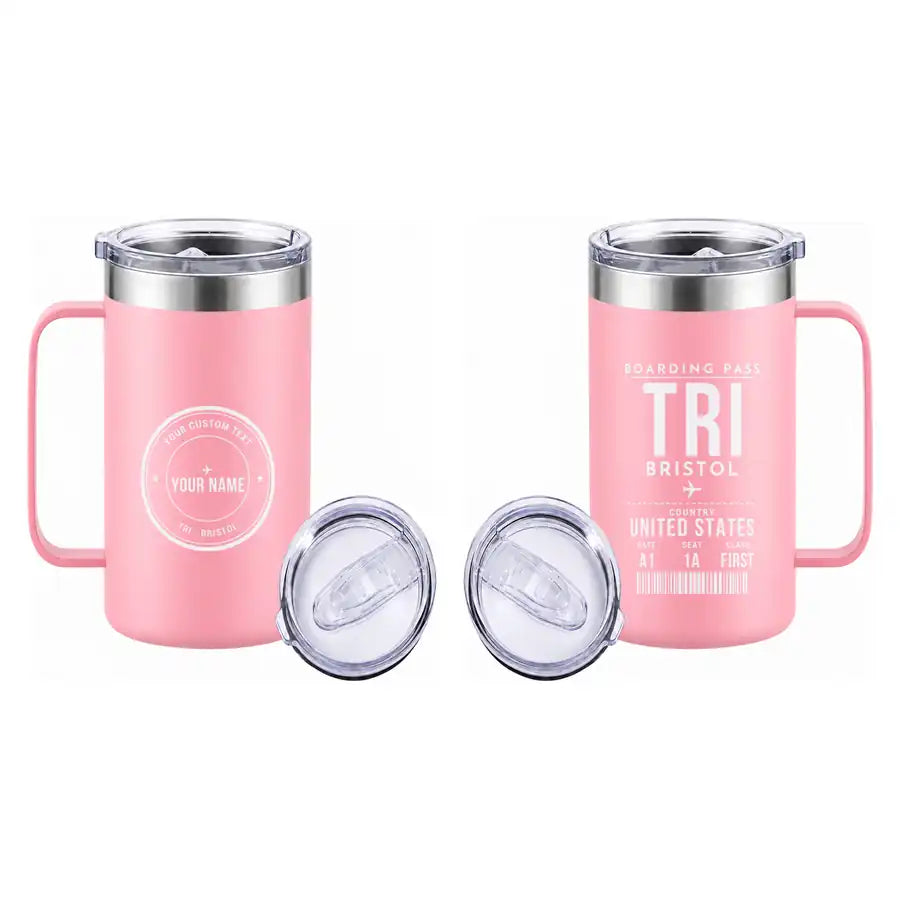 Tri-Cities Airport (TRI) Stainless Steel Mugs - Boarding Pass + Custom Back - Stainless Steel Mug - 24 oz / 700ML - Pink