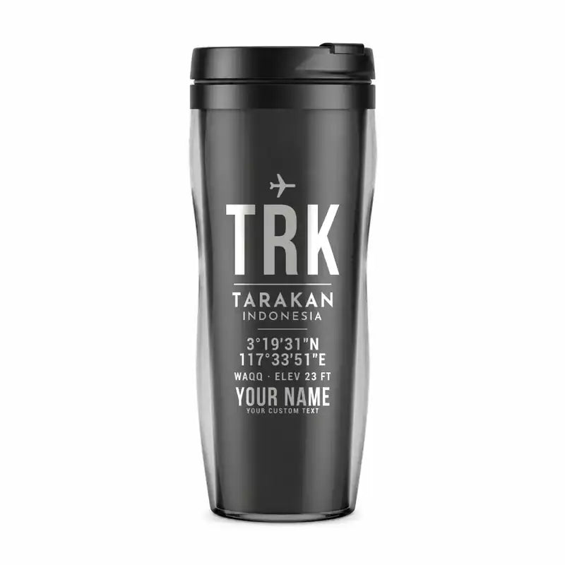 Juwata International Airport (TRK) Travel Mugs - ID Tag + Name - Plastic (No Holder) - Gray