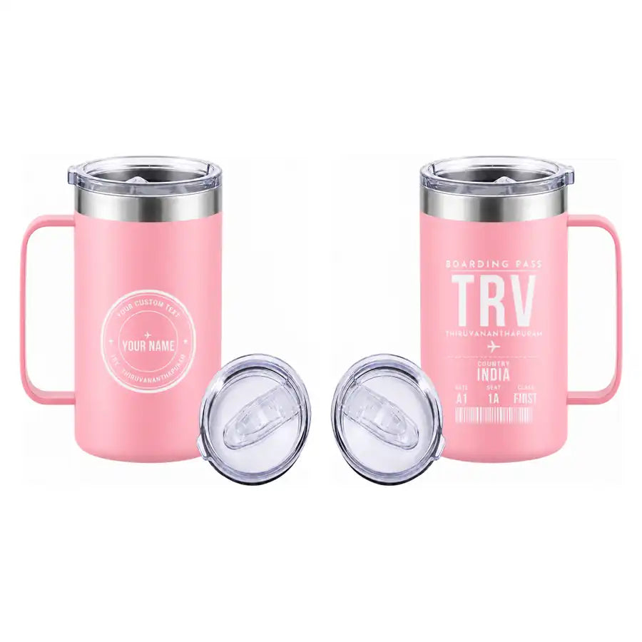 Thiruvananthapuram International Airport (TRV) Stainless Steel Mugs - Boarding Pass + Custom Back - Stainless Steel Mug - 24 oz / 700ML - Pink