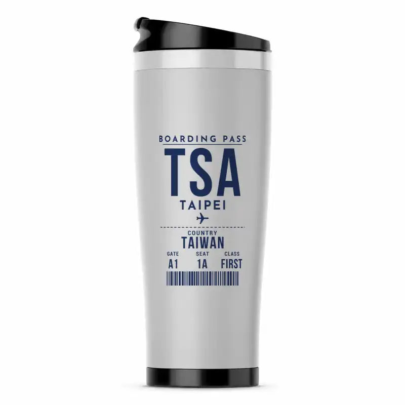 Taipei Songshan Airport (TSA) Travel Mugs - Boarding Pass - Stainless Steel (No Holder) - Light Gray