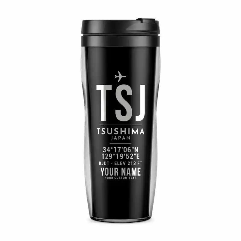 Tsushima Airport (TSJ) Travel Mugs - ID Tag + Name - Plastic (No Holder) - Black