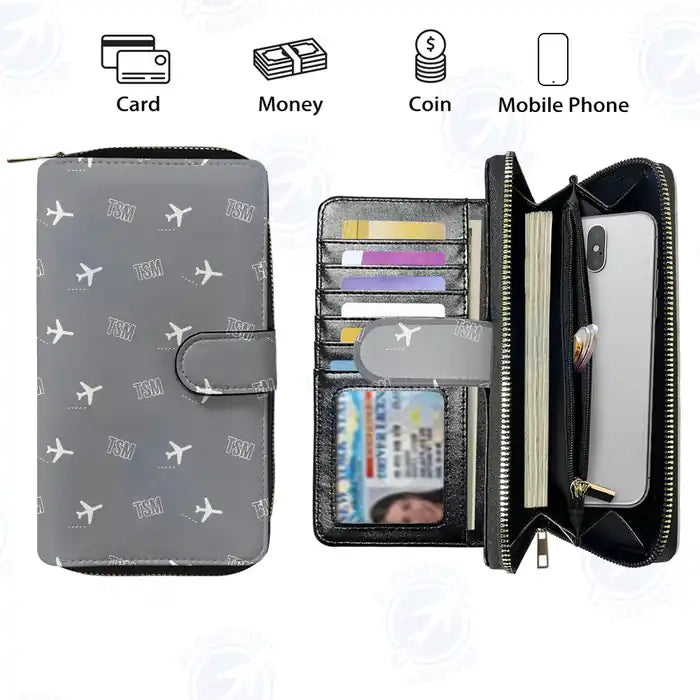 Taos Regional Airport (TSM) Leather Wallets - Zip Long Wallet - Pattern - Gray