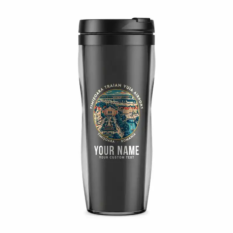 Timișoara Traian Vuia International Airport (TSR) Travel Mugs - Badge + Name - Plastic (No Holder) - Gray