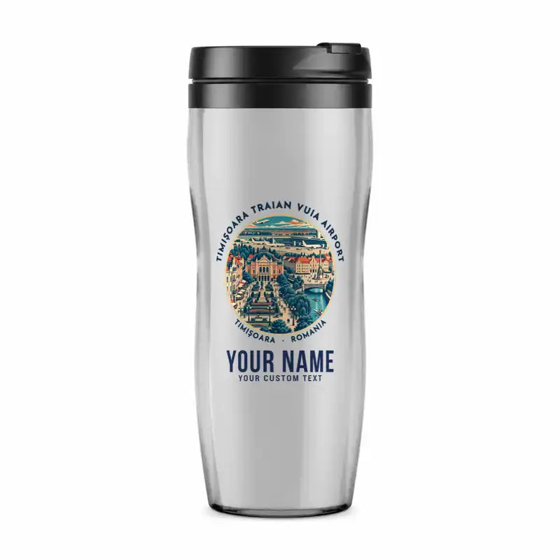 Timișoara Traian Vuia International Airport (TSR) Travel Mugs - Badge + Name - Plastic (No Holder) - Light Gray