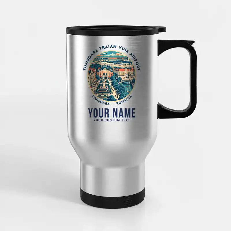 Timișoara Traian Vuia International Airport (TSR) Travel Mugs - Badge + Name - Stainless Steel with Holder - Silver