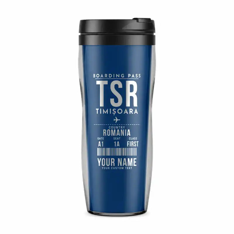 Timișoara Traian Vuia International Airport (TSR) Travel Mugs - Boarding Pass + Name - Plastic (No Holder) - Blue