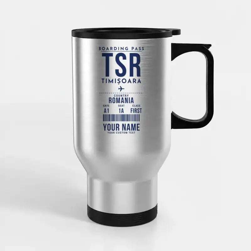 Timișoara Traian Vuia International Airport (TSR) Travel Mugs - Boarding Pass + Name - Stainless Steel with Holder - Silver