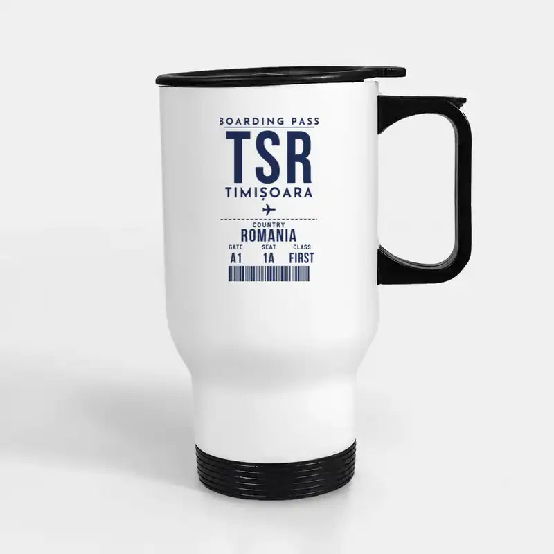 Timișoara Traian Vuia International Airport (TSR) Travel Mugs - Boarding Pass - Stainless Steel with Holder - White