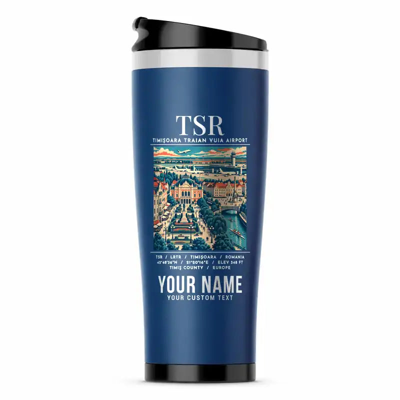 Timișoara Traian Vuia International Airport (TSR) Travel Mugs - Poster + Name - Stainless Steel (No Holder) - Blue