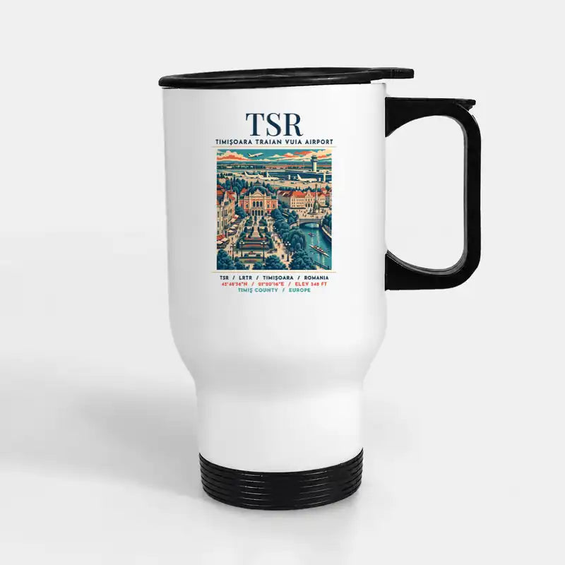 Timișoara Traian Vuia International Airport (TSR) Travel Mugs - Poster - Stainless Steel with Holder - White