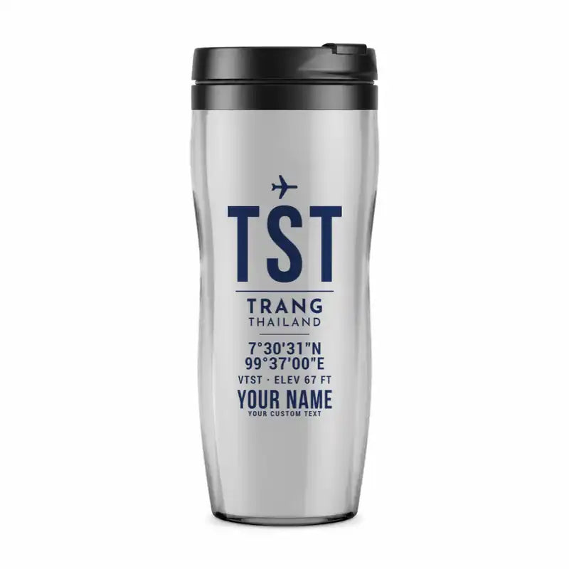 Trang Airport (TST) Travel Mugs - ID Tag + Name - Plastic (No Holder) - Light Gray